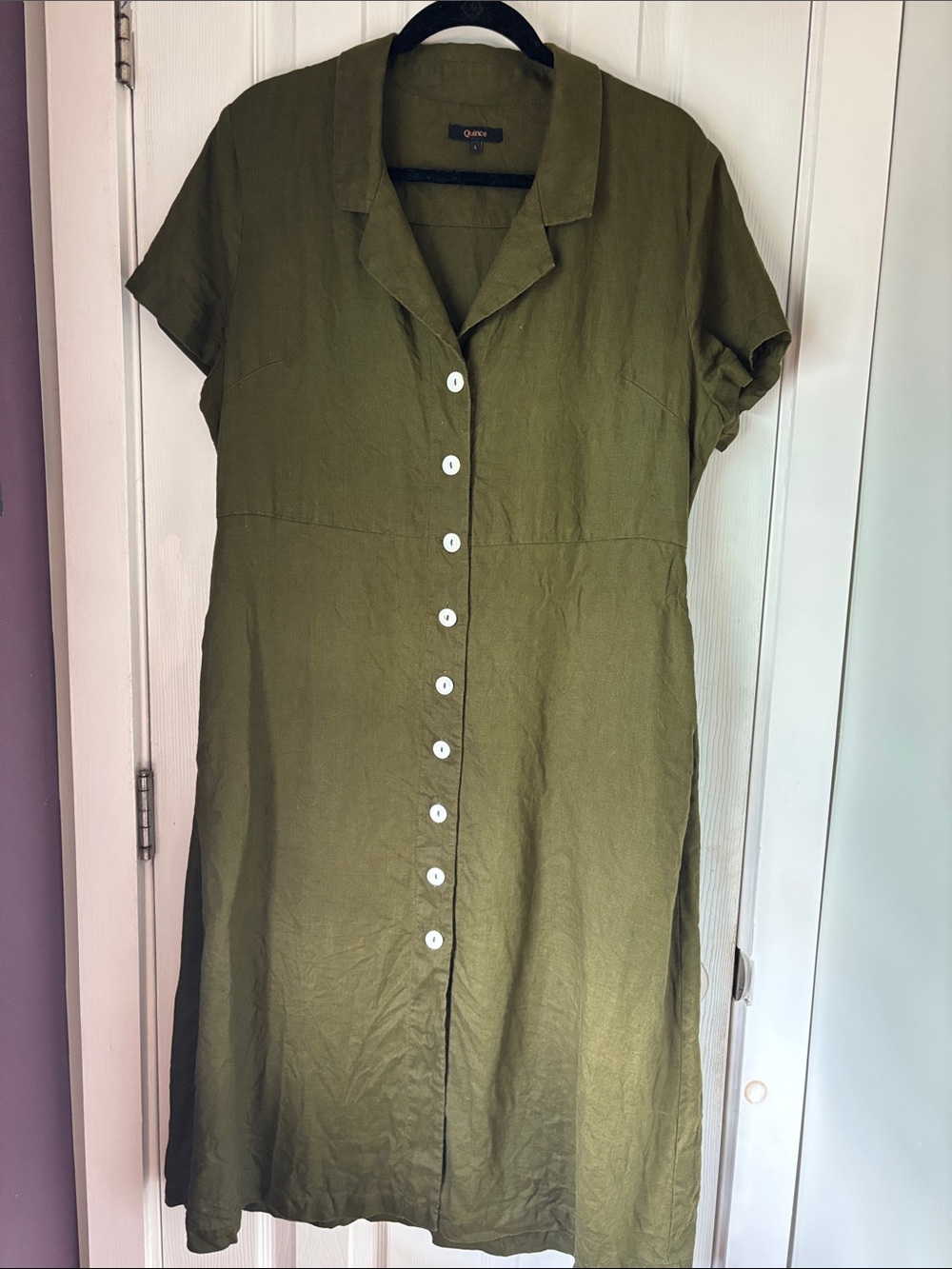 Quince Olive Green Button-Front Midi Dress